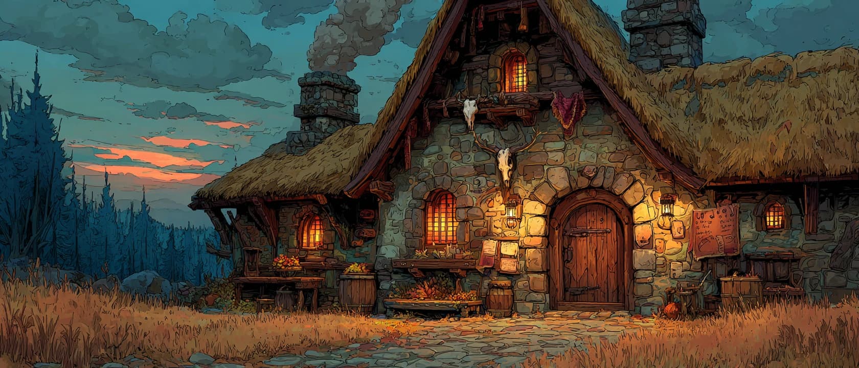A warm tavern glowing at the edge of a dark enchanted forest