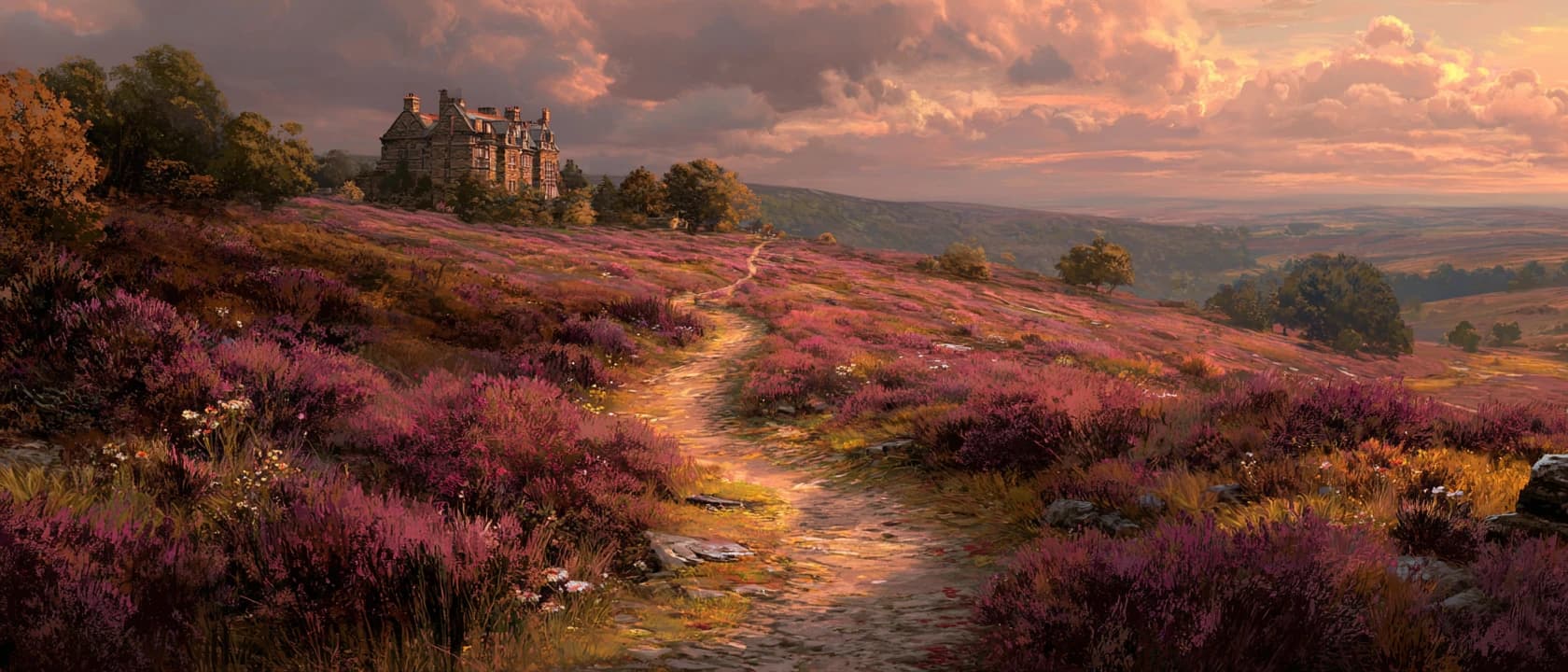 Sunlit heather moors and a distant gothic manor at Ashworth End